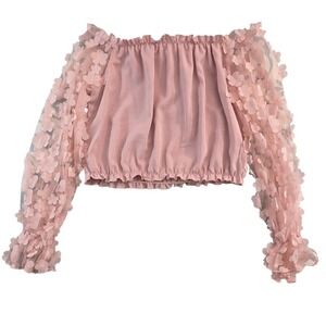 SHEIN Pink Off Shoulder Floral Sleeve Crop Top Women XL